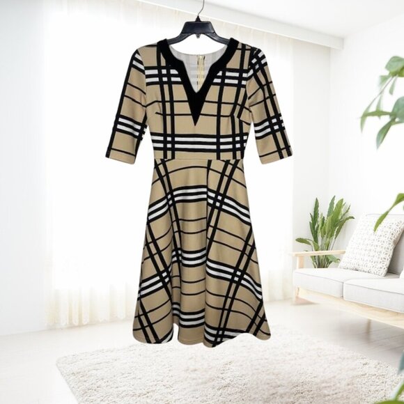 SHEIN Tan & Black Plaid Fit-and-Flare Dress w/ Pockets • Size Small - Picture 4 of 14